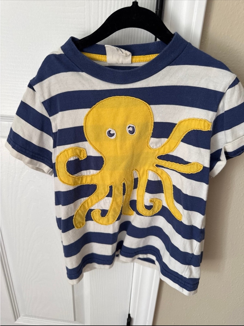 Mini Boden Navy & White Striped Tee with Yellow Octopus Applique